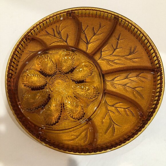 Indiana Glass Amber Glass Tree Of Life Relish And Egg Plate Platter Dish Vintage - Picture 3 of 7